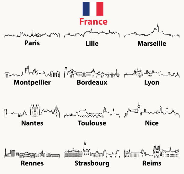 illustrazioni stock, clip art, cartoni animati e icone di tendenza di vettore delinea icone degli skyline delle città francesi - montpellier illustrazioni