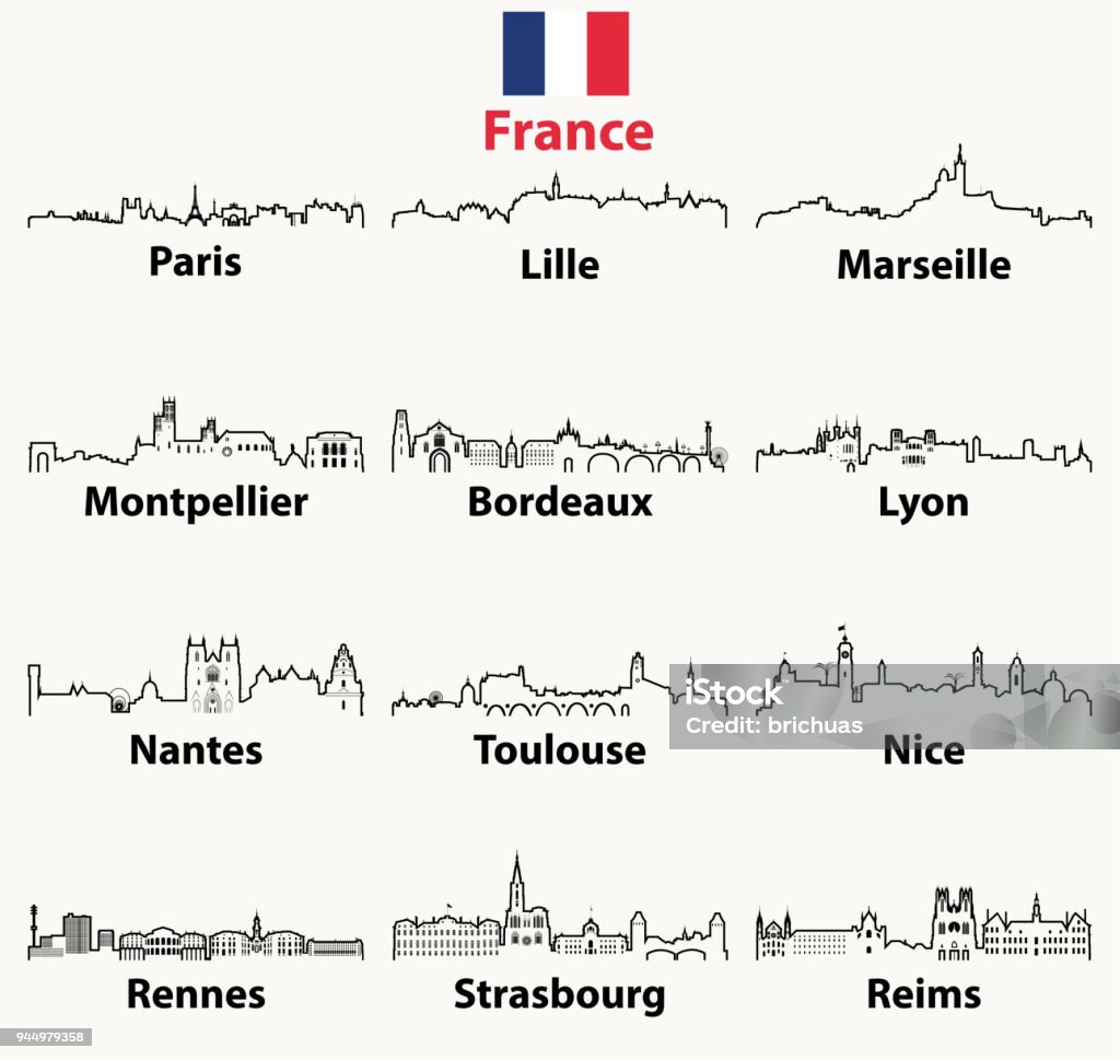 vector outlines icons of France cities skylines Urban Skyline stock vector