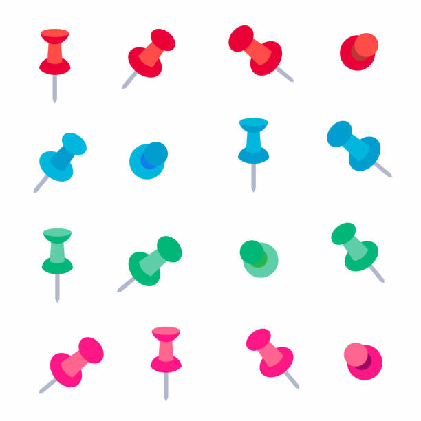 ilustrações de stock, clip art, desenhos animados e ícones de office multi colored pins flat style paper pins vector illustration. red, green, blue, pink version set isolated on white background. - thumbtack