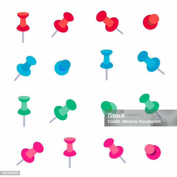 Office Multi Colored Pins Flat Style Paper Pins Vector Illustration Red Green Blue Pink Version Set Isolated On White Background Stock Illustration - Download Image Now