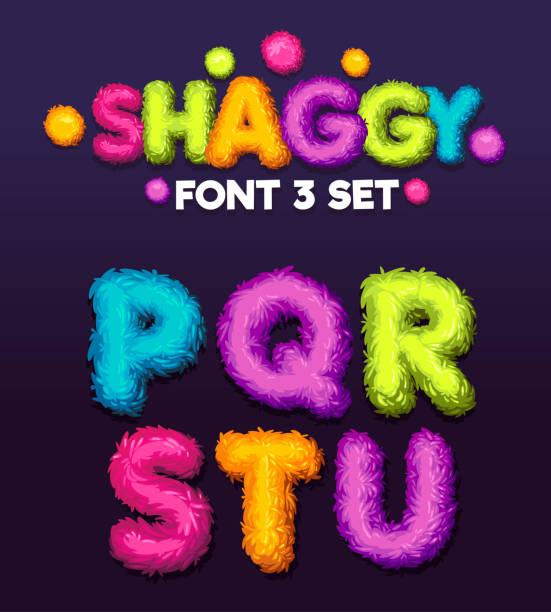 Shaggy font 3 set cartoon letters. Vector color illustration sign i, j, k, l, m, n, o fur stock illustrations