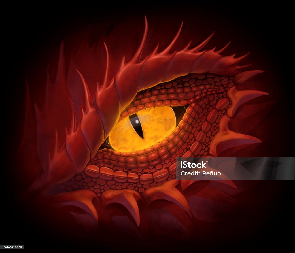 Red dragon eye Yellow eye of red dragon. Digital painting. Dragon stock illustration