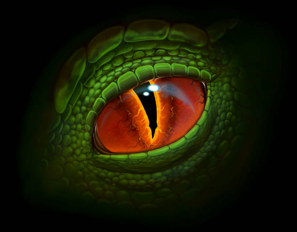 Dragon eye Green dragon`s eye digital realistic painting. dinosaur stock illustrations