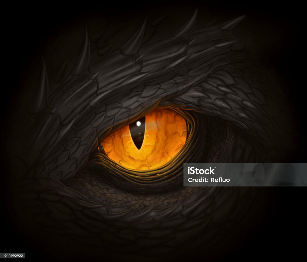 Black dragon eye Yellow eye of black dragon. Digital painting. Dragon stock illustration