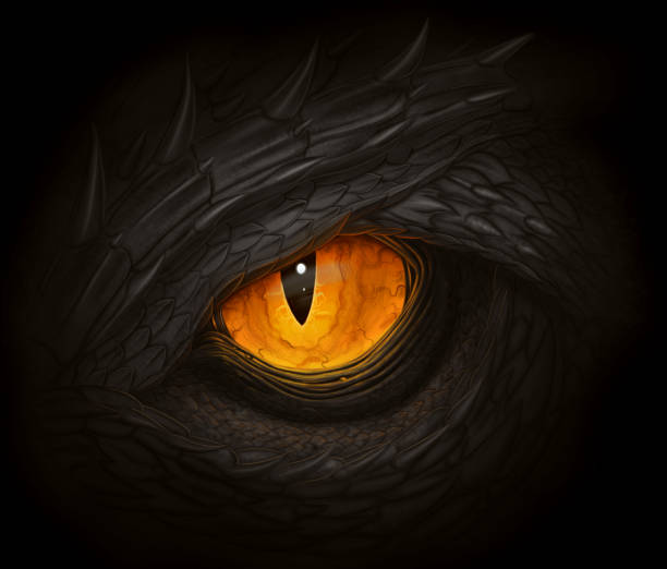 Black dragon eye Yellow eye of black dragon. Digital painting. dragons stock illustrations