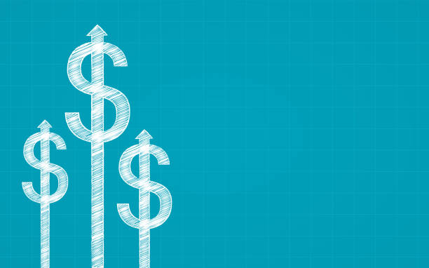 abstrakcyjny wykres finansowy ze znakiem dolara i strzałką w kredowym projekcie bazgrołów na niebieskim tle kolorów - growth stock illustrations