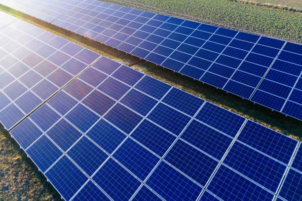 istock Aerial drone view on solar panels on solar farm. 945002030