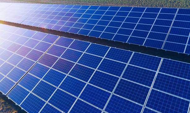 istock Aerial drone view on solar panels on solar farm. 945002226