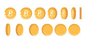 Bitcoin gold coin at different angles for animation. Vector Bitcoin set. Finance money currency bitcoin illustration. Digital currency. Vector icon