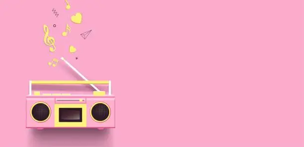Vector illustration of Boombox and music notes on pink background.