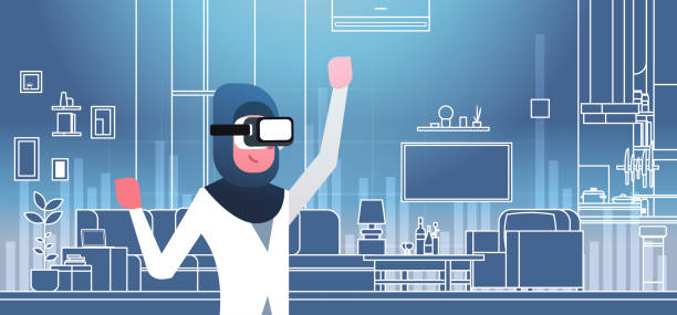 istock Arab Woman Wearing 3d Glasses Virtual Reality Headset Over Living Room Background 945009430