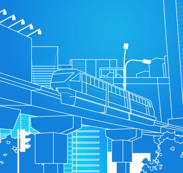 istock Modern Urban Train Thin Line City View Of Railway Over Blue Background 945013800