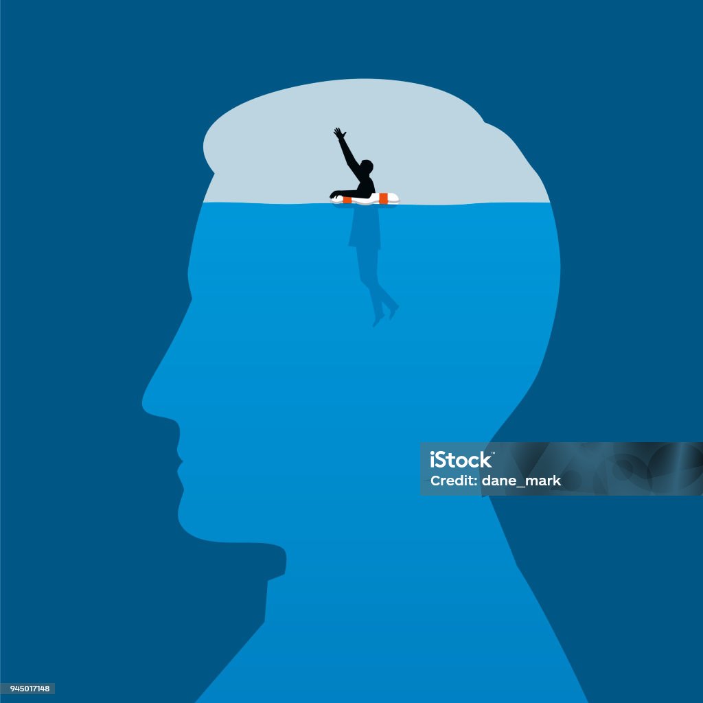 Mental Health Illustration A man floating with a life belt waves for help Emotional Stress stock vector