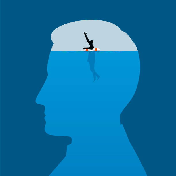 Mental Health Illustration A man floating with a life belt waves for help emotional stress illustrations stock illustrations
