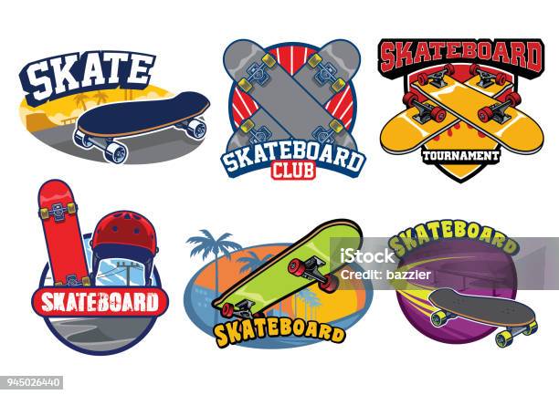Skateboard Badge Design Set Stock Illustration - Download Image Now - Skateboard, Group Of Objects, Skating