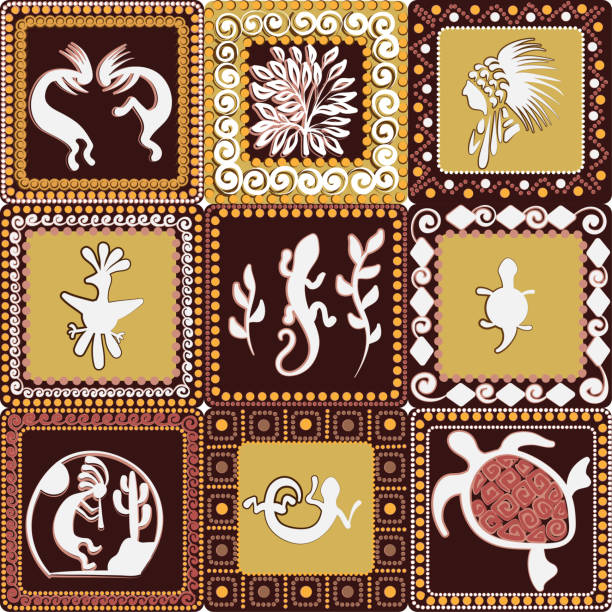 Seamless pattern with squares pattern with imitation of elements of rock art of ancient Indians, Aztecs, cavemen