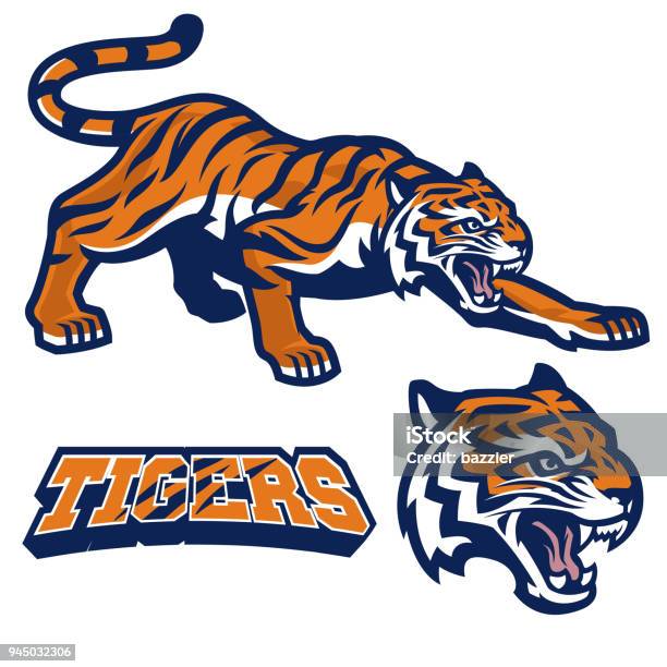 Mascot Tiger Crouching In Set Stock Illustration - Download Image Now - Tiger, Mascot, Education