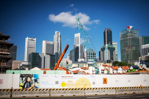 Singapore, February 19,2018: The construction of the Maxwell subway station of the Thomson - East Coast Line, the new Mass Rapid Transit (MRT) line in Singapore. It'll be finished in 2024 and will be the the world's longest driverless rapid transit line with 43 kilometer and 31 subway stations.