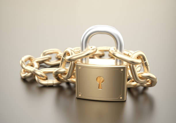 istock Golden lock with gold chain 945033892