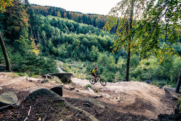 istock Mountain biker riding cycling in autumn forest 945041934