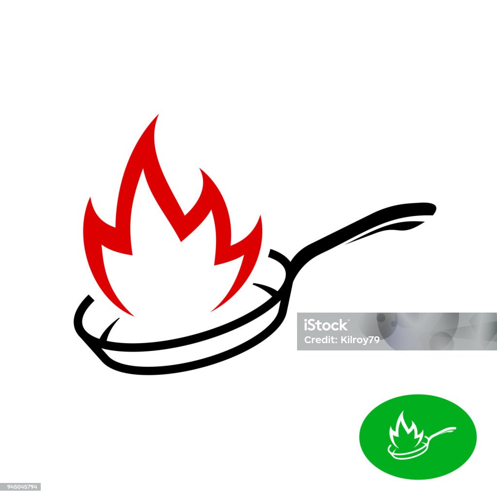 Frying Pan Inscription Frying Pan With Fire Flame Symbol Stock Illustration - Download Image ...