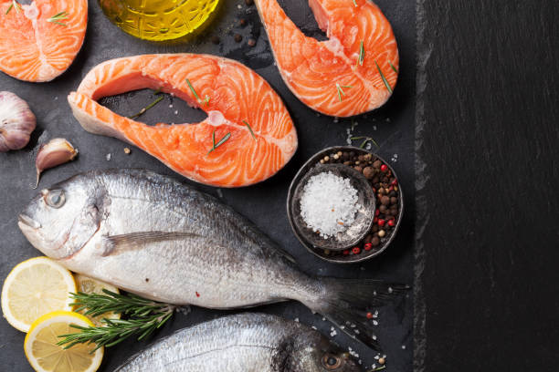 istock Raw salmon and dorado fish fillet 945046194