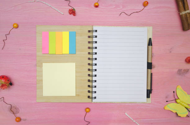 istock Blank page note pad on purple wooden desk table background with copy space. To do list. Tips. 945052358