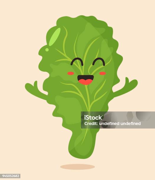 Bright Poster With Cute Cartoon Leaf Of Salad Stock Illustration - Download Image Now - Lettuce, Emoticon, Humor