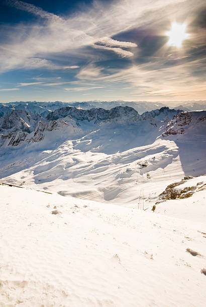 Snowlandscape with sun stock photo