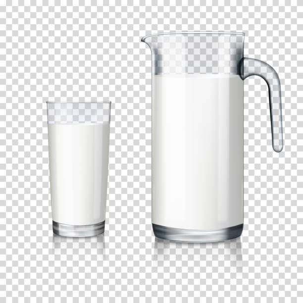 istock Glass jug and drinking glass with milk on transparent background, isolated. 945056730