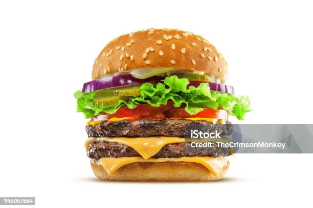 Double Cheese Burger Stock Photo - Download Image Now - Burger, Hamburger, Cut Out