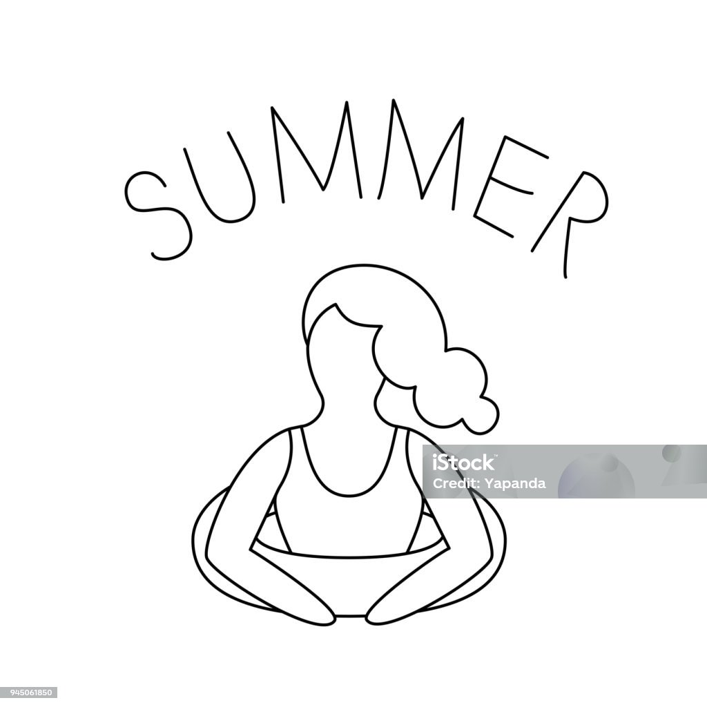 Line art logo. Woman on the beach, vector vacation illustration Line art summer beach logo. Woman swimming in the water, coloring page vector illustration Bikini stock vector