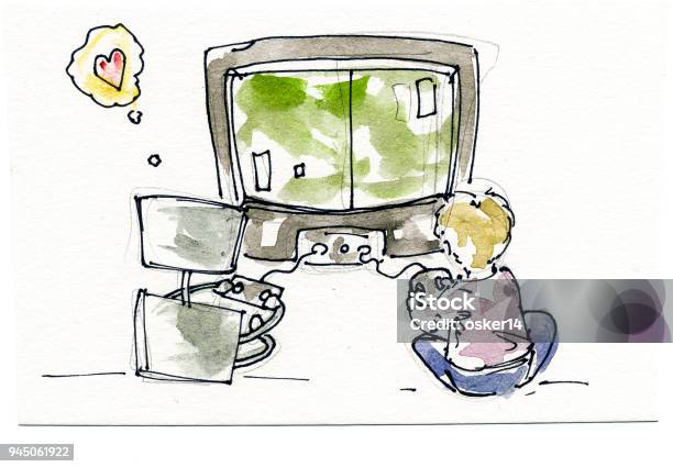 Boy Playing Video Games With Robot Stock Illustration - Download Image Now  - Boys, Watercolor Painting, Addiction - iStock