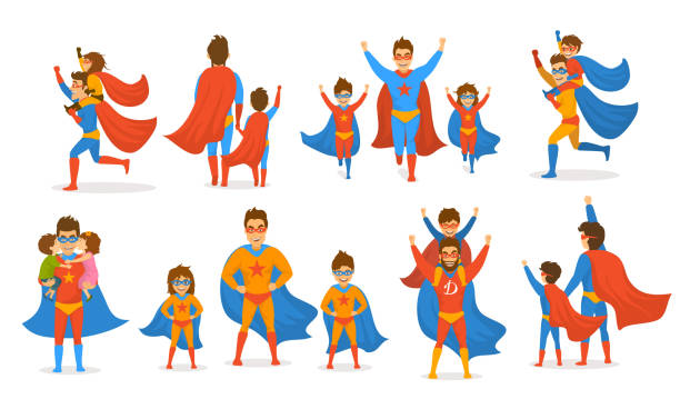 happy fathers day concept isolated vector illustration scenes set, dad and kids, boy and girl playing superheroes, dressed in super hero costumes happy fathers - father fathers day baby child stock illustrations