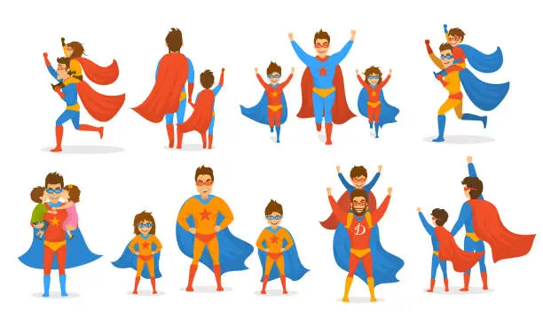 Vector illustration of happy fathers day concept isolated vector illustration scenes set, dad and kids, boy and girl playing superheroes, dressed  in super hero costumes