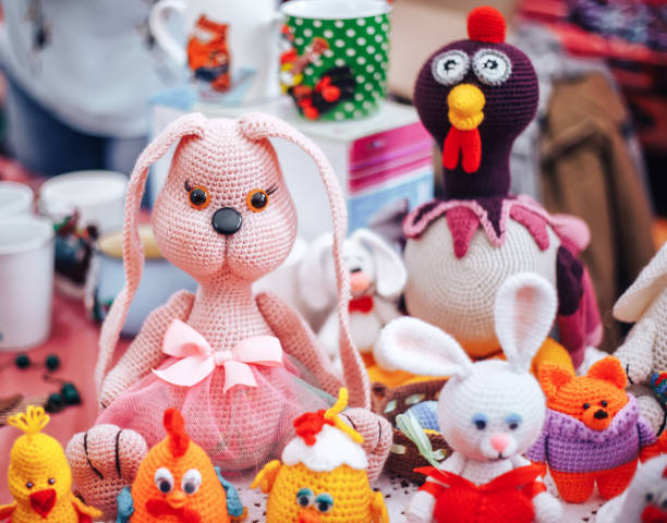 istock Knitted Chicken and Bunny with Easter egg. Easter toys 945062240
