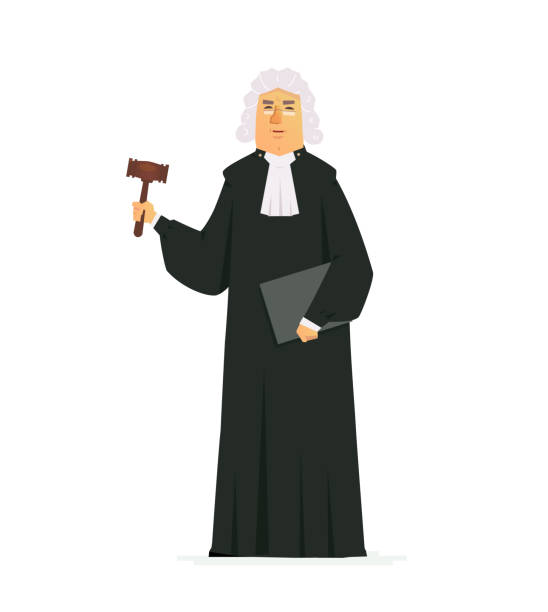 Judge - modern vector cartoon people characters illustration Judge - modern vector cartoon people characters illustration isolated on white background. An image of a serious man wearing a long black robe and a wig, holding a gavel and a folder ceremonial robe stock illustrations