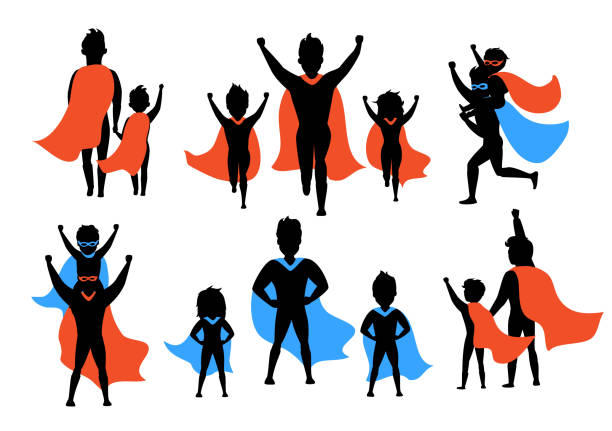 dad and kids, boy and girl playing superheroes silhouettes set dad and kids, boy and girl playing superheroes silhouettes set best dad ever stock illustrations