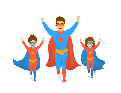 Family Dad And Kids Cute Boy And Girl Playing Superheroes Running Excited  In Super Hero Costumes Front View Fun Humor Fathers Day Concept Isolated  Vector Illustration Scene Stock Illustration - Download Image