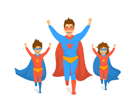 Family Dad And Kids Cute Boy And Girl Playing Superheroes Running Excited In Super Hero Costumes Front View Fun Humor Fathers Day Concept Isolated Vector Illustration Scene Stock Illustration - Download Image Family Dad And Kids Cute Boy And Girl Playing Superheroes Running Excited In Super Hero Costumes Front View Fun Humor Fathers Day Concept Isolated Vector Illustration Scene Stock Illustration - Download Image
