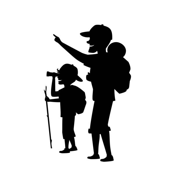 father and son outdoors, boy and man camping hiking traveling with backpacks isolated cartoon vector illustration silhouette scene father and son outdoors, boy and man camping hiking traveling with backpacks isolated cartoon vector illustration silhouette scene binoculars silhouettes stock illustrations