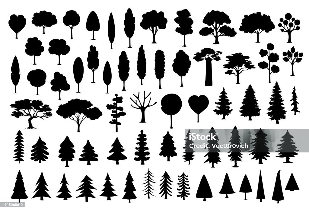 koleksiyonu farklı Park, orman, kozalaklı karikatür ağaçlar siluet siyah renk ayarla - Royalty-free Ağaç Vector Art