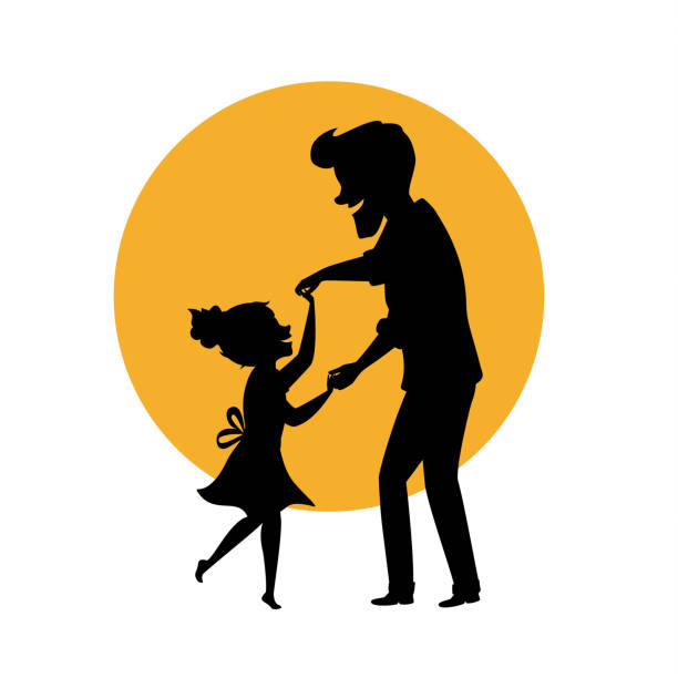 ilustraciones, imágenes clip art, dibujos animados e iconos de stock de silueta de padre e hija bailando juntos sosteniendo las manos escena de ilustración vector aislado - papá