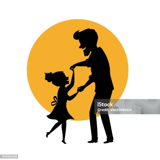 Silhouette Of Father And Daughter Dancing Together Holding Hands Isolated Vector Illustration Scene - Arte vetorial de stock e mais imagens de Pai