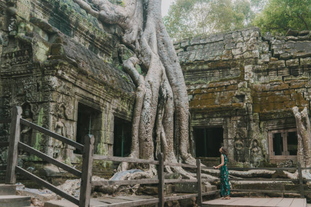 istock Young Caucasian woman   in Ta Prohm temple 945068772