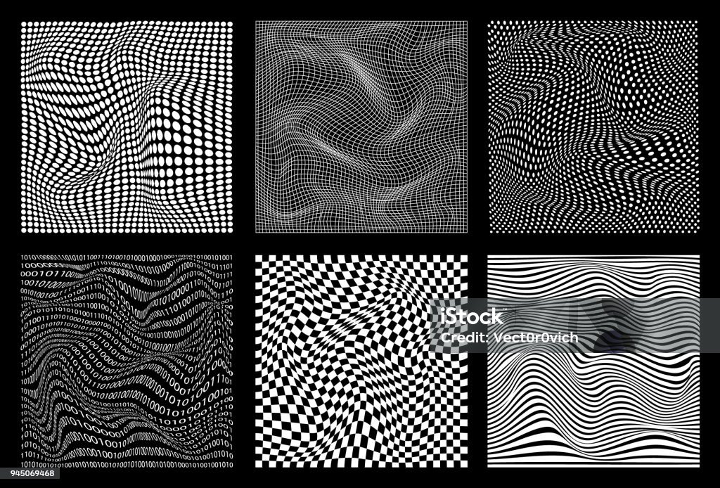 conjunto de Resumen ondulado trenzado línea distorsionada puntos cuadrados código binario texturas blanco y negro fondos - arte vectorial de Imagen distorsionada libre de derechos