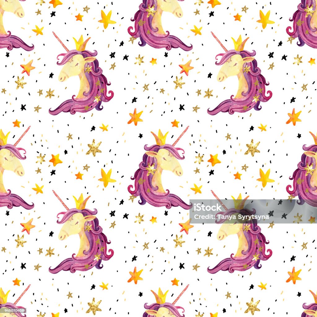 Watercolor unicorn seamless pattern. Watercolor unicorn seamless pattern. Fairy tale background with cute unicorn princess, shine stars, sparkles. Hand painted illustration for kids, children design Animal Body Part stock illustration