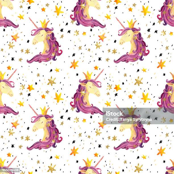 Watercolor Unicorn Seamless Pattern Stock Illustration - Download Image Now - Animal Body Part, Animal Head, Art