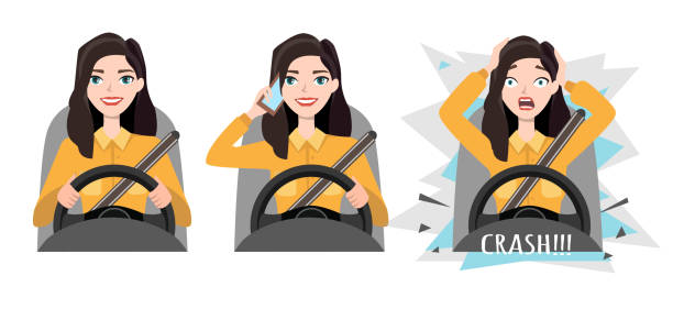 자동차를 운전 중 휴대 전화를 들고 여자입니다. 충돌 - car driving women driver stock illustrations