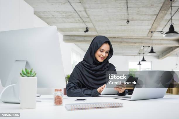 Muslim Business Woman Working In Office Stock Photo - Download Image Now - Arabia, Women, One Woman Only